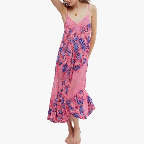 FREE PEOPLE First Date Printed Maxi Slip Dress / Sweet Pink Combo XS